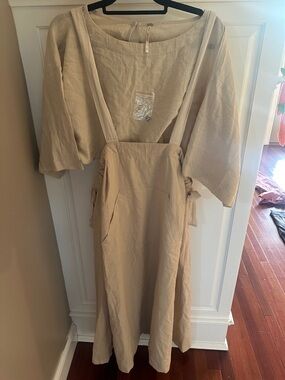 Free People Beige 2 piece Linen-Blend Midi Pinafore Dress with Wide Sleeve Top